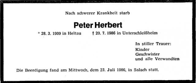 Herbert Peter 1909-1986 Todesanzeige